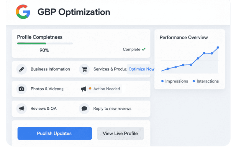 Google Business Profile optimization dashboard with performance overview